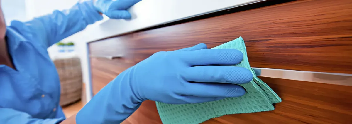 Cleaner wearing blue gloves wiping a wooden cabinet drawer with a microfiber cloth for dust and grime removal, Manchester, NH.